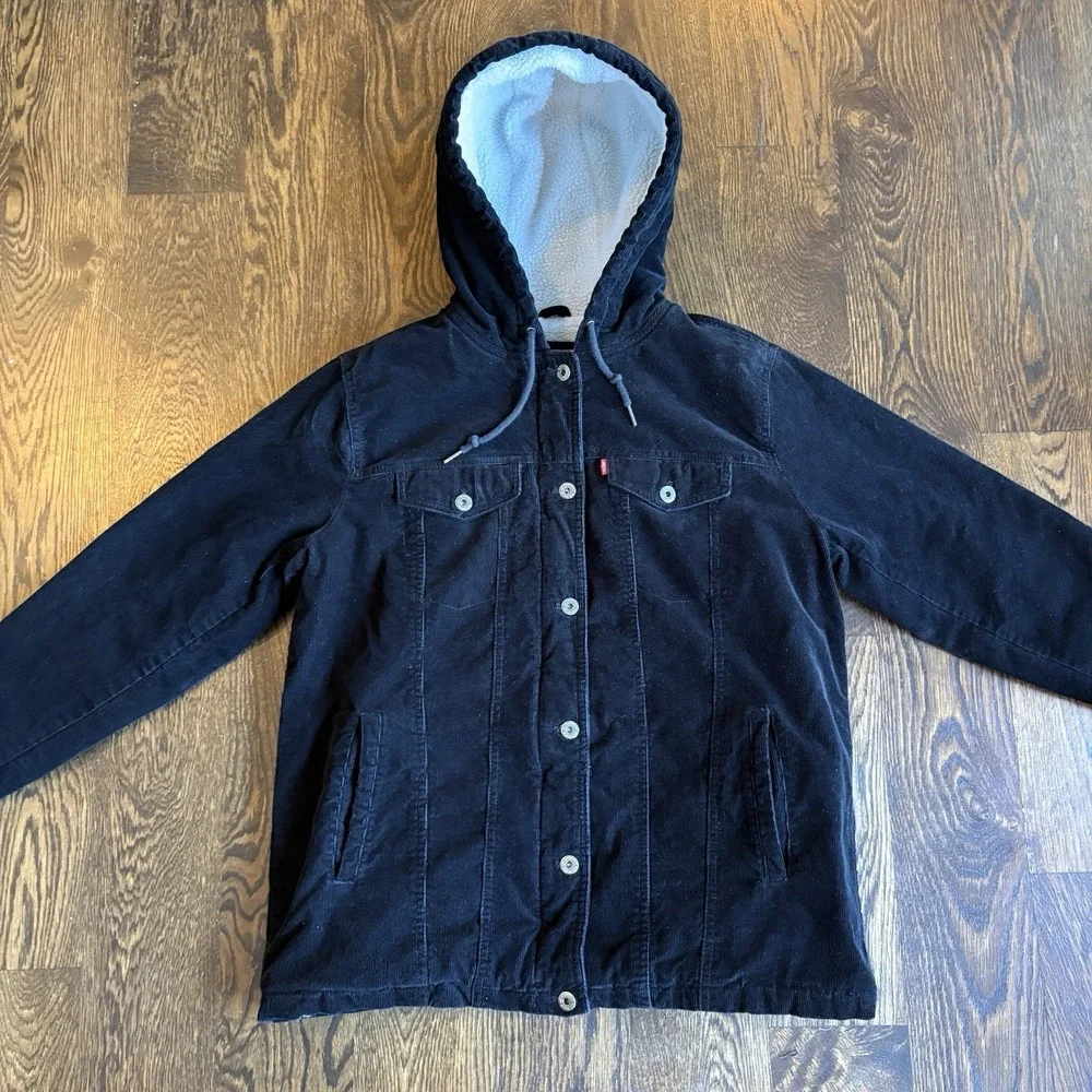 Levi Strauss Sherpa Lined Corduroy Jacket Mens L Hooded Black Trucker Workwear